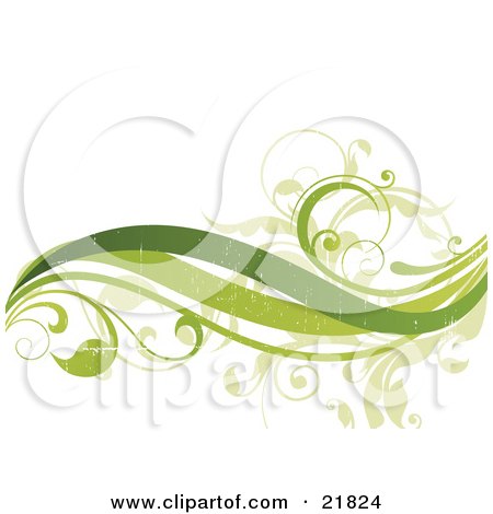 Clipart Picture Illustration of Three Green Waves And Leafy Vines With Fading Texturing On A White Background by OnFocusMedia