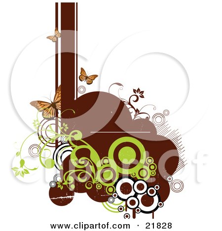 Clipart Picture Illustration of a Brown Text Spot With Green, White And Brown Lines, Circles And Vines With Butterflies On A White Background by OnFocusMedia