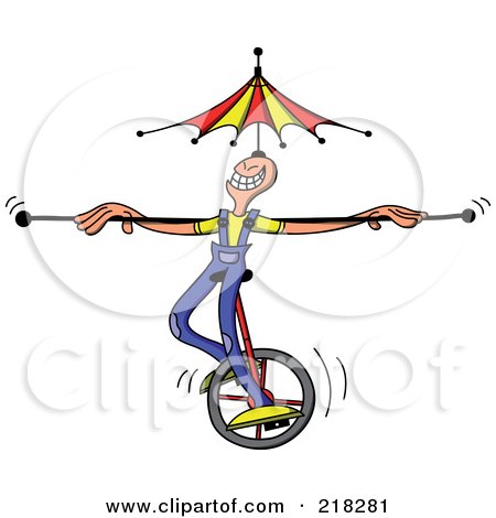 Royalty-Free (RF) Clipart Illustration of a Circus Man Riding A Unicycle With A Bar And Umbrella Balanced On His Head by Zooco