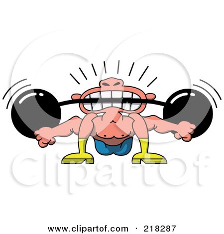 Royalty-Free (RF) Clipart Illustration of a Circus Strong Man Twisting His Body And Holding A Barbell In His Teeth by Zooco