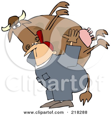 Royalty-Free (RF) Clipart Illustration of a Farm Worker Carrying A Big Cow On His Back by djart