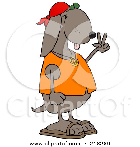 Royalty-Free (RF) Clipart Illustration of a Hippie Dog In A Red Cap And Orange Shirt, Gesturing Peace by djart