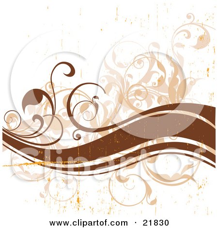 Clipart Picture Illustration of a Brown Wave And Vines Curling Over Tan Ones On A White Background With Orange Grunge Paint by OnFocusMedia