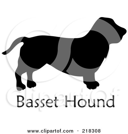 Royalty-Free (RF) Clipart Illustration of a Black Silhouetted Basset Hound Dog Over Text by Pams Clipart