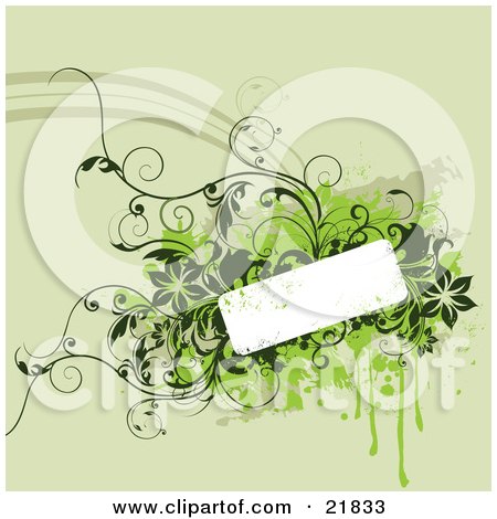 Clipart Picture Illustration of a White Text Space Box With Light And Dark Green Vines, Flowers And Splatters On A Faded Green Background by OnFocusMedia