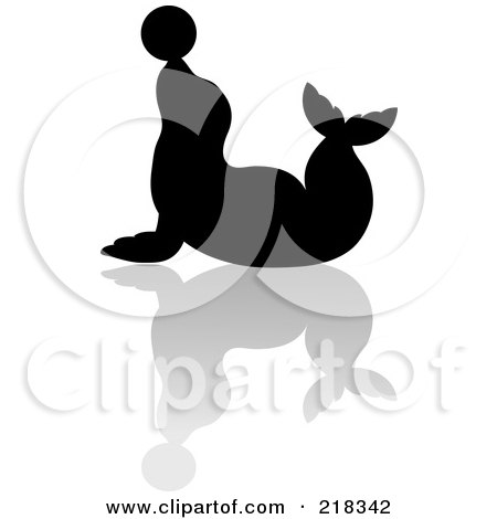 Royalty-Free (RF) Clipart Illustration of a Black Silhouetted Seal With Ball On His Nose And Reflection by Pams Clipart