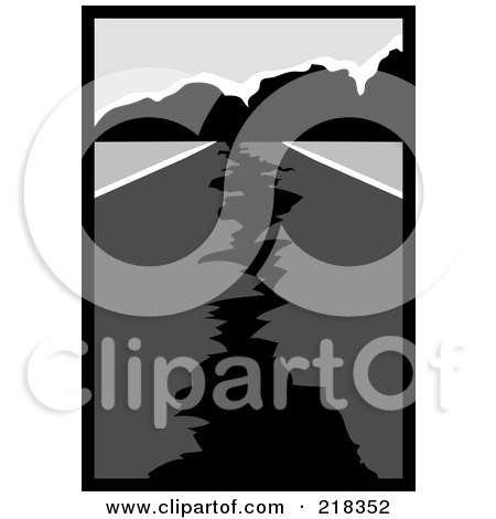 Royalty-Free (RF) Clipart Illustration of a Grayscale Scene Of A Cracked Road Leading To Mountains After An Earthquake by Pams Clipart