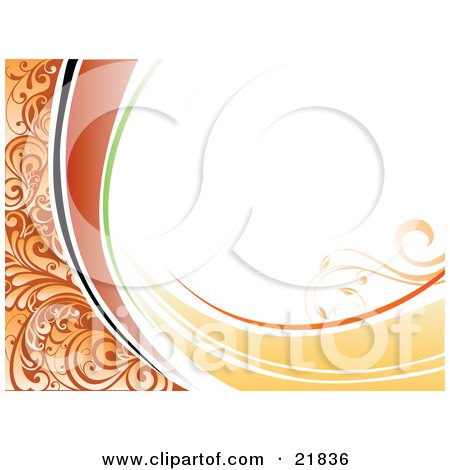 Clipart Picture Illustration of a White Background With Orange Vines, Green, Yellow And Black Waves And Floral Accents by OnFocusMedia