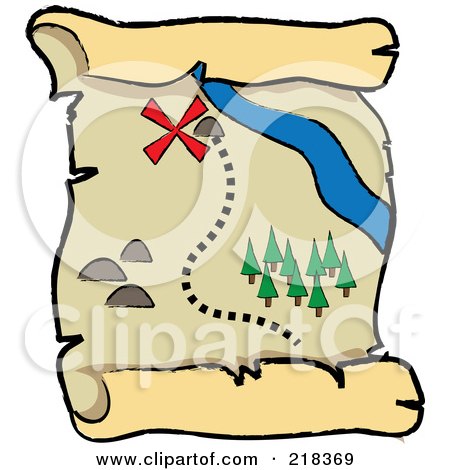 Royalty-Free (RF) Clipart Illustration of an X Near A Stream On A Pirate Map by Pams Clipart