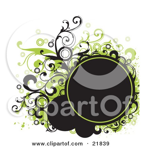 Clipart Picture Illustration of a Blank Black Text Circle With Green And Black Circles, Splatters And Vines On A White Background by OnFocusMedia