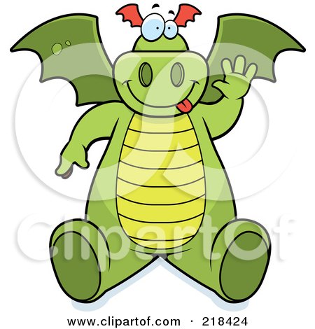 Royalty-Free (RF) Clipart Illustration of a Big Green Dragon Sitting And Waving by Cory Thoman
