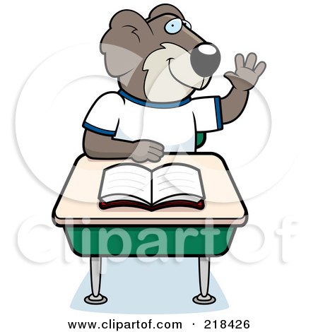 Royalty-Free (RF) Clipart Illustration of a Koala Student Raising His Hand At His School Desk by Cory Thoman