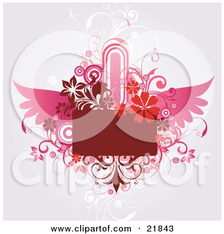 Clipart Picture Illustration of a Blank Red Text Box With Red And Pink Flourishes, Flowers And Wings Over A Gray Background by OnFocusMedia
