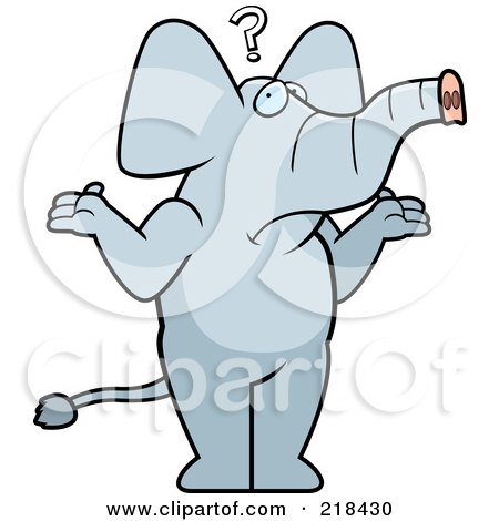 Royalty-Free (RF) Clipart Illustration of a Confused Elephant Shrugging Under Question Marks by Cory Thoman