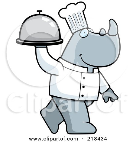 Royalty-Free (RF) Clipart Illustration of a Chef Rino Carrying A Covered Food Platter by Cory Thoman