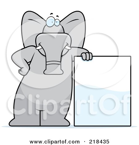 Royalty-Free (RF) Clipart Illustration of a Big Gray Elephant Leaning Against A Big Sign Board by Cory Thoman