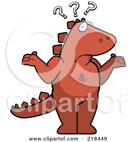 Royalty-Free (RF) Clipart Illustration of a Confused Dinosaur Shrugging Under Question Marks by Cory Thoman