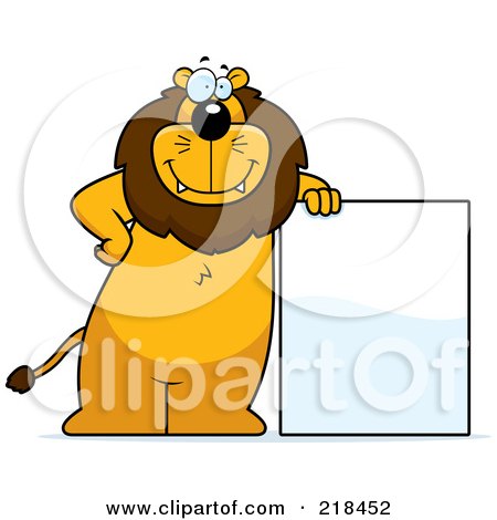 Royalty-Free (RF) Clipart Illustration of a Big Lion Standing And Leaning Against A Blank Sign Board by Cory Thoman