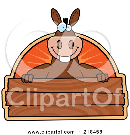 Royalty-Free (RF) Clipart Illustration of a Big Donkey Smiling Over A Wooden Plaque by Cory Thoman