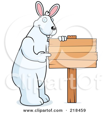 Royalty-Free (RF) Clipart Illustration of a Big Rabbit Standing And Pointing To A Blank Wood Sign by Cory Thoman