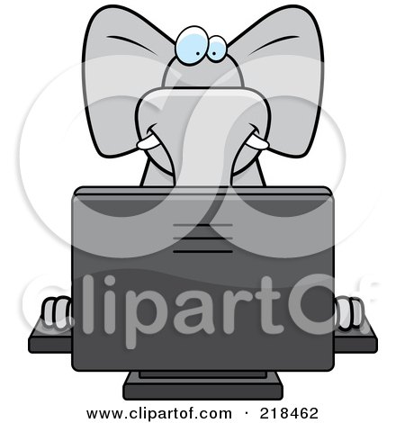Royalty-Free (RF) Clipart Illustration of a Big Gray Elephant Using A Desktop Computer by Cory Thoman