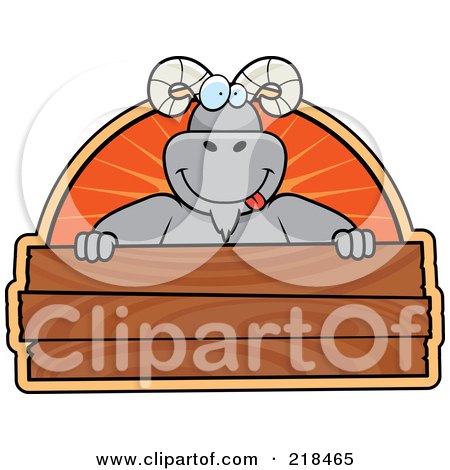 Royalty-Free (RF) Clipart Illustration of a Big Ram Smiling Over A Blank Wooden Sign by Cory Thoman