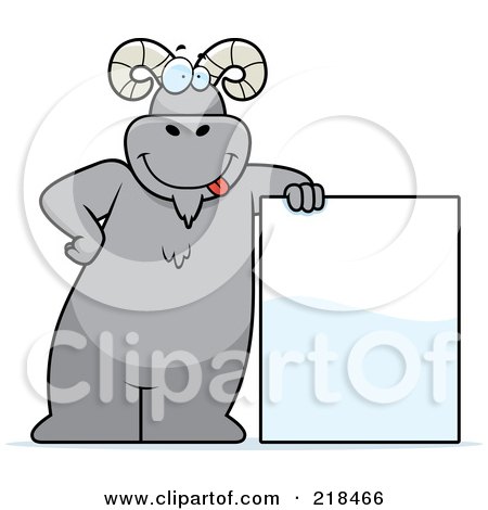Royalty-Free (RF) Clipart Illustration of a Big Ram Standing And Leaning Against A Blank Sign Board by Cory Thoman