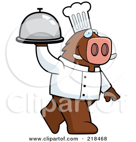 Royalty-Free (RF) Clipart Illustration of a Chef Boar Carrying A Covered Platter by Cory Thoman