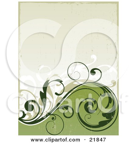 Clipart Picture Illustration of Green And White Scrolling Vines Over A Dark And Light Green Background With Grunge Texture by OnFocusMedia