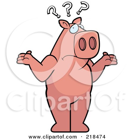 Royalty-Free (RF) Clipart Illustration of a Confused Pig Shrugging Under Question Marks by Cory Thoman