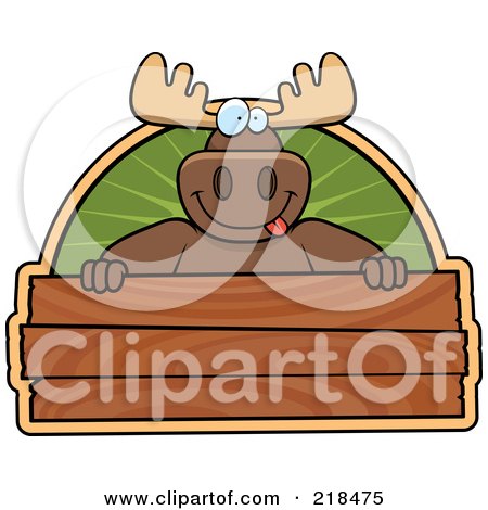 Royalty-Free (RF) Clipart Illustration of a Big Moose Smiling Over A Wooden Sign by Cory Thoman