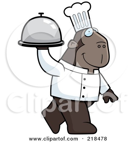 Royalty-Free (RF) Clipart Illustration of a Chef Ape Carrying A Covered Platter by Cory Thoman