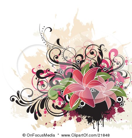 Clipart Picture Illustration of a Cluster Of Grunge Paint Splatters, Pink And Black Scrolls And Pink Flowers With Green Leaves Over A White Background by OnFocusMedia