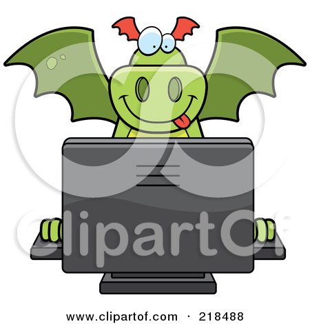 Royalty-Free (RF) Clipart Illustration of a Happy Dragon Using A Desktop Computer by Cory Thoman
