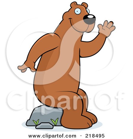 Royalty-Free (RF) Clipart Illustration of a Friendly Bear Sitting On A Rock And Waving by Cory Thoman