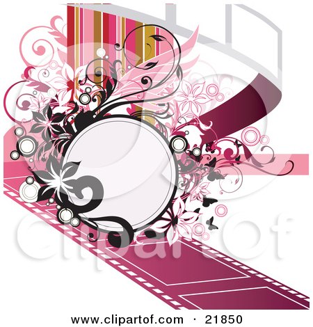 Clipart Picture Illustration of a Blank Text Space Circle On A Pink Film Strip With Black And Pink Flowers And Vines Over A White Background With Colorful Lines by OnFocusMedia