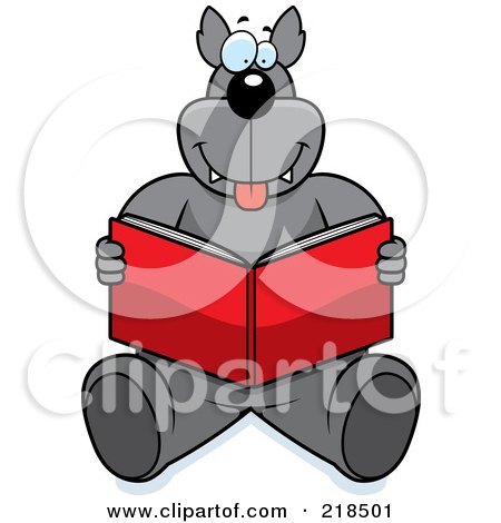 Royalty-Free (RF) Clipart Illustration of a Big Wolf Sitting And Reading A Book by Cory Thoman