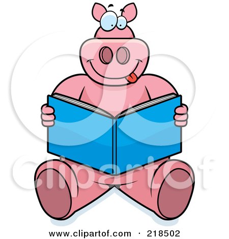 Royalty-Free (RF) Clipart Illustration of a Big Pink Pig Sitting And Reading A Book by Cory Thoman