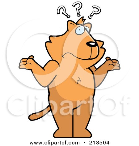 Royalty-Free (RF) Clipart Illustration of a Confused Cat Shrugging Under Question Marks by Cory Thoman
