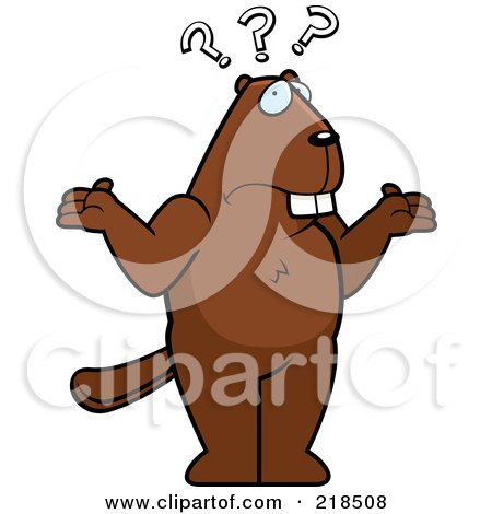 Royalty-Free (RF) Clipart Illustration of a Confused Beaver Shrugging Under Question Marks by Cory Thoman