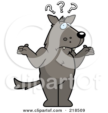 Royalty-Free (RF) Clipart Illustration of a Confused Wolf Shrugging Under Question Marks by Cory Thoman