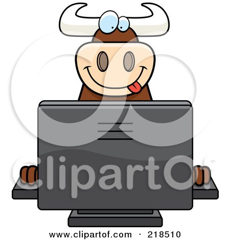 Royalty-Free (RF) Clipart Illustration of a Bull Using a Desktop Computer by Cory Thoman