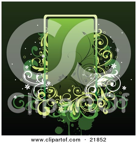Clipart Picture Illustration of a Gradient Green Box For Text Space With White, Yellow And Black Flowers, Splatters And Vines Over A Black Background by OnFocusMedia
