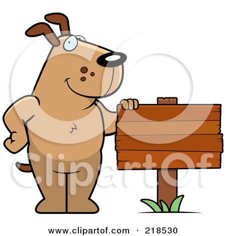 Royalty-Free (RF) Clipart Illustration of a Brown Dog Standing Beside A Blank Wood Sign by Cory Thoman