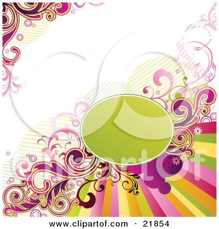 Clipart Picture Illustration of a Colorful Rainbow Around A Green Circle With Scrolls On A White Background by OnFocusMedia