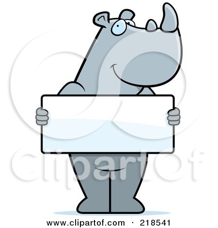 Royalty-Free (RF) Clipart Illustration of a Rhino Standing Upright And Holding A Blank Sign Board by Cory Thoman