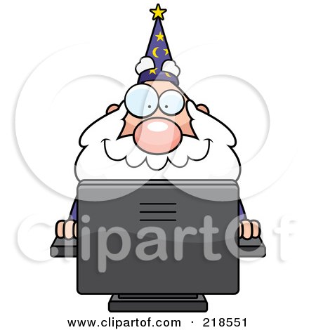 Royalty-Free (RF) Clipart Illustration of a Plump Old Wizard Using A Desktop Computer by Cory Thoman
