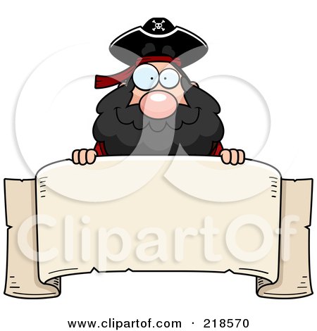 Royalty-Free (RF) Clipart Illustration of a Plump Pirate Looking Over A Blank Banner by Cory Thoman