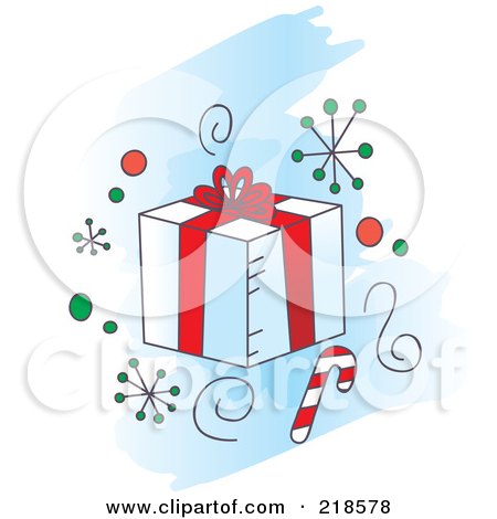 Royalty-Free (RF) Clipart Illustration of a White And Red Gift Box With Snowflakes And A Candy Cane by Cory Thoman
