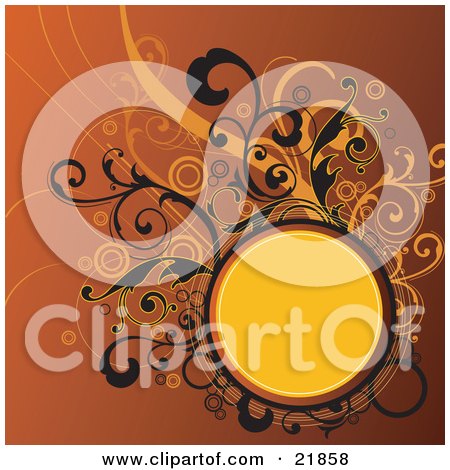 Clipart Picture Illustration of a Blank Yellow Circle For Text Space Surrounded By Black And Orange Vines And Circles by OnFocusMedia